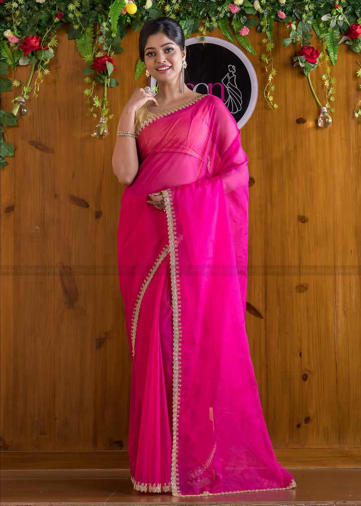 Mingle With Single Color Organza (Barbie Pink)Saree