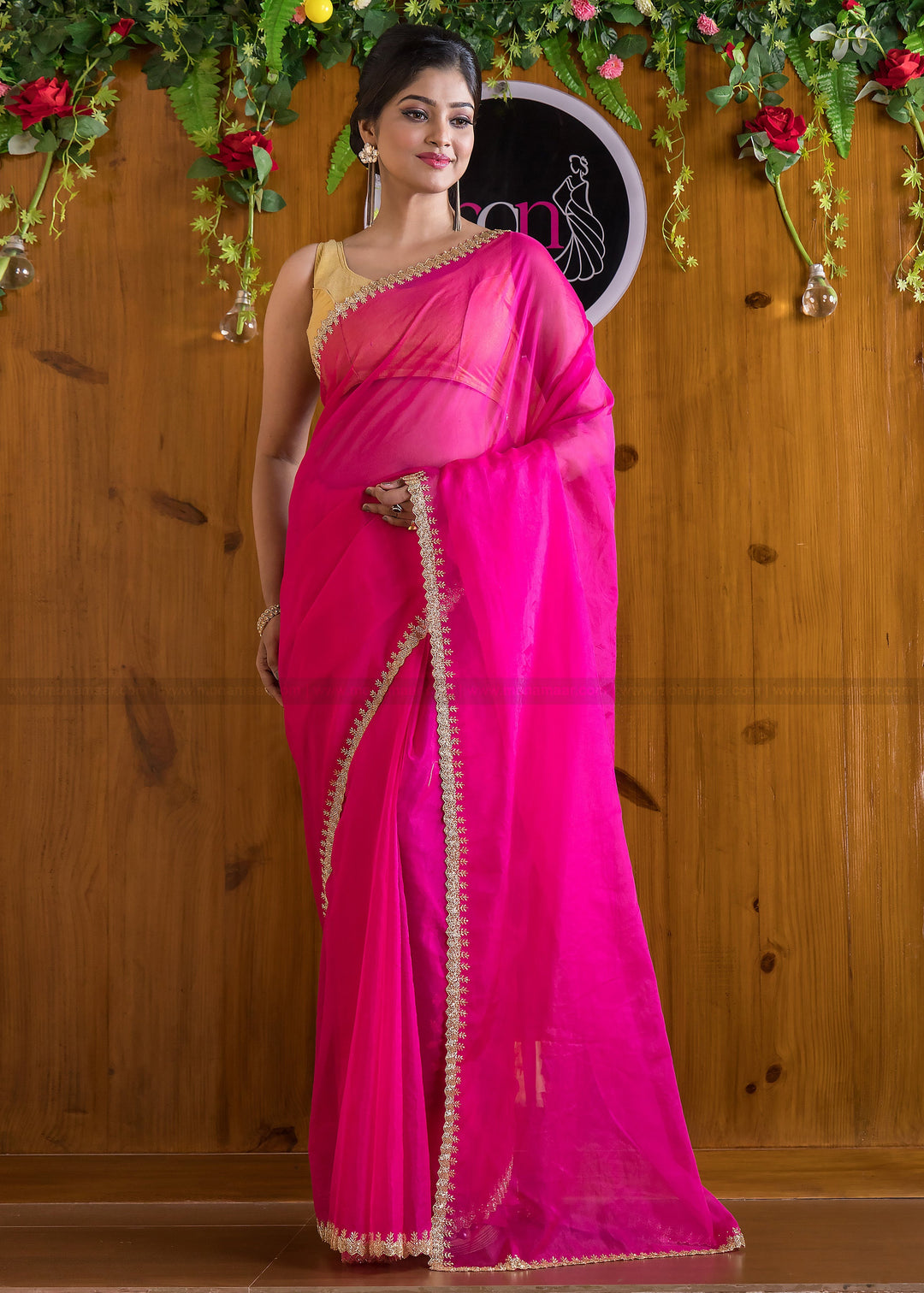 Mingle With Single Color Organza (Barbie Pink)Saree