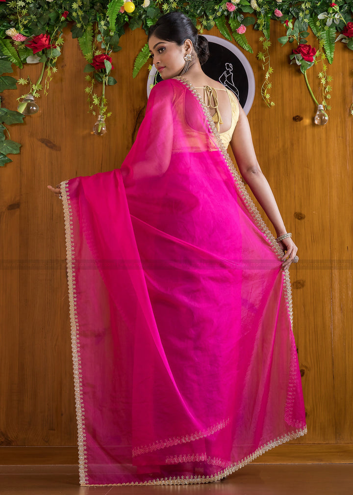 Mingle With Single Color Organza (Barbie Pink)Saree