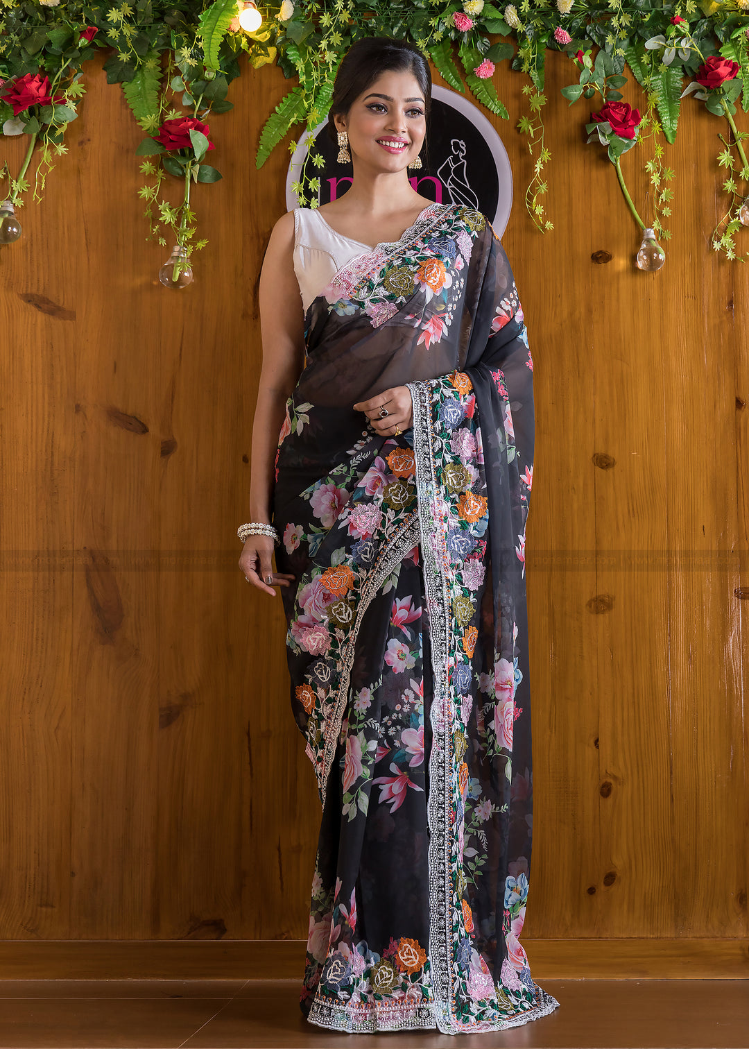 Designer Black Rose Georgette Silk saree