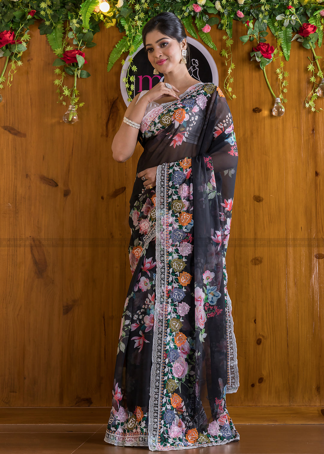 Designer Black Rose Georgette Silk saree