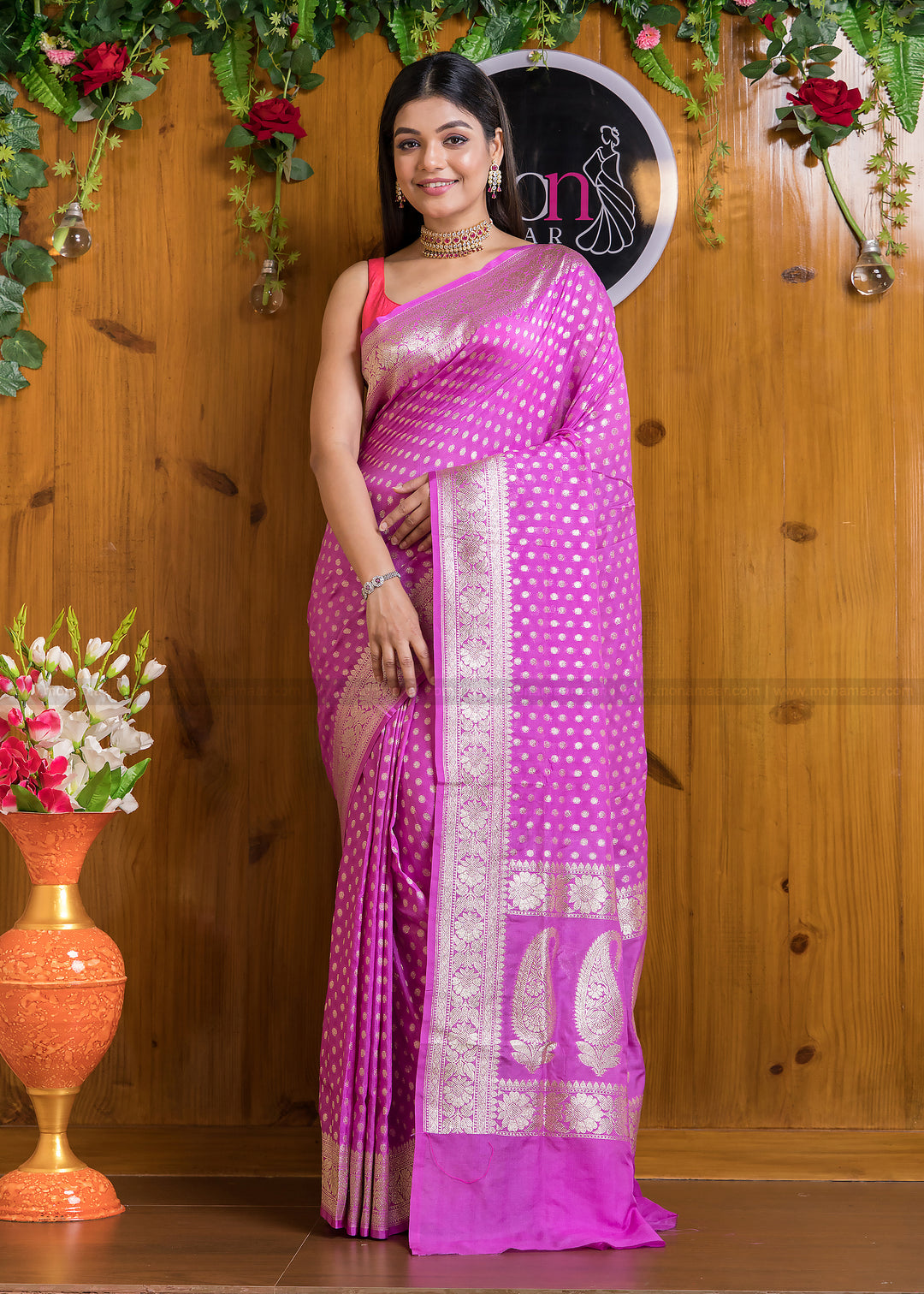 Wild Berry Pink Banarsi semi katan silk Saree