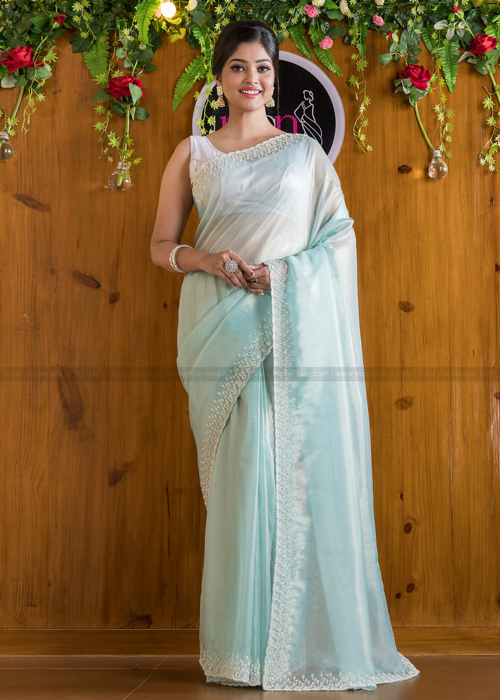 Mingle With Single Color Organza Saree(Into The Blue)