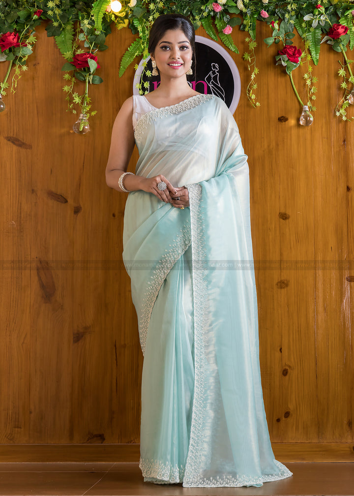 Mingle With Single Color Organza Saree(Into The Blue)