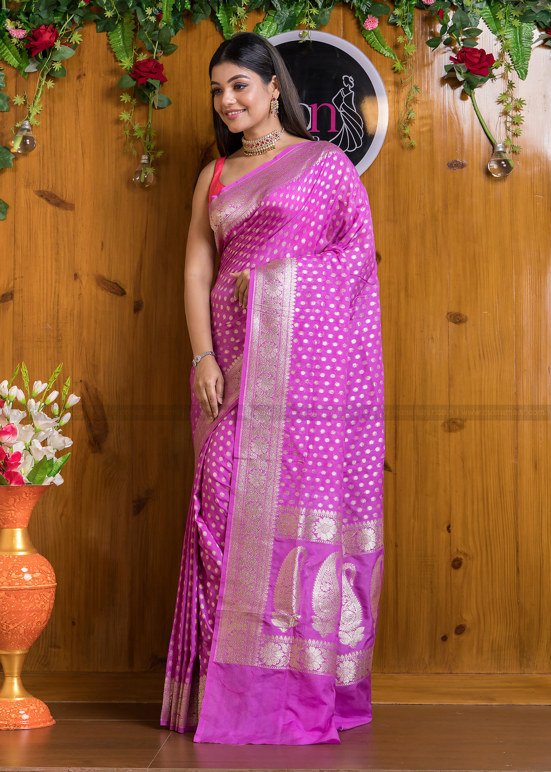 Wild Berry Pink Banarsi semi katan silk Saree