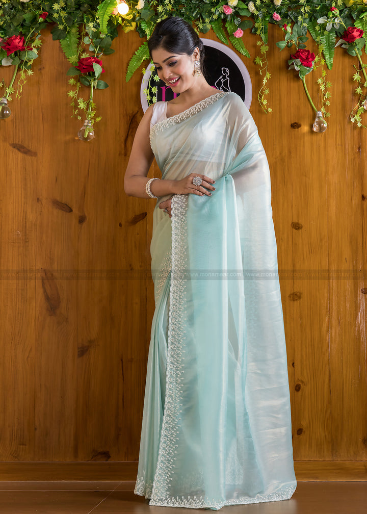 Mingle With Single Color Organza Saree(Into The Blue)