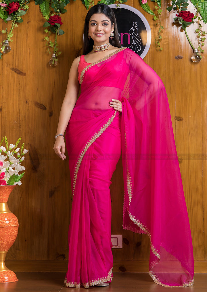 Mingle With Single Color Organza (Barbie Pink)Saree