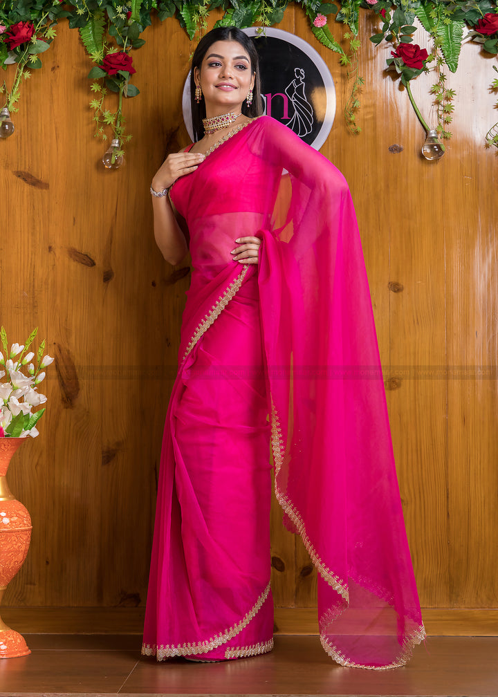 Mingle With Single Color Organza (Barbie Pink)Saree