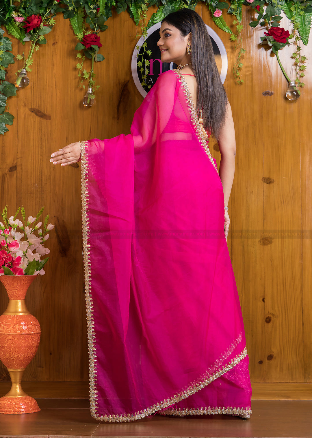 Mingle With Single Color Organza (Barbie Pink)Saree