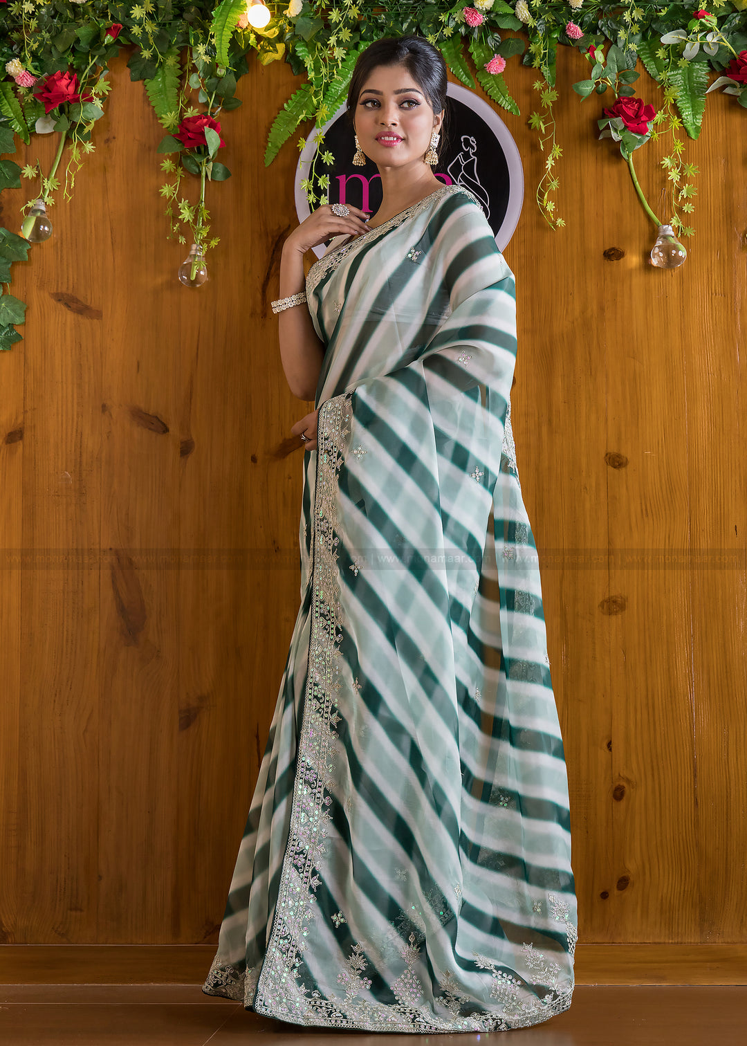 Designer Green leheriya Organza silk saree