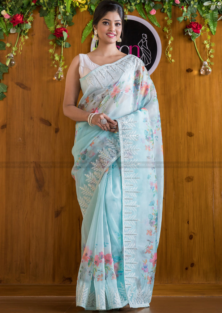 Spark Of Sky Blue Organza silk saree