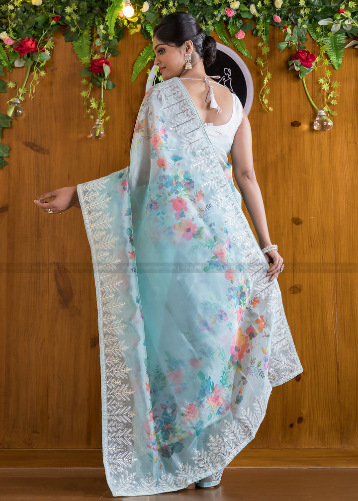 Spark Of Sky Blue Organza silk saree