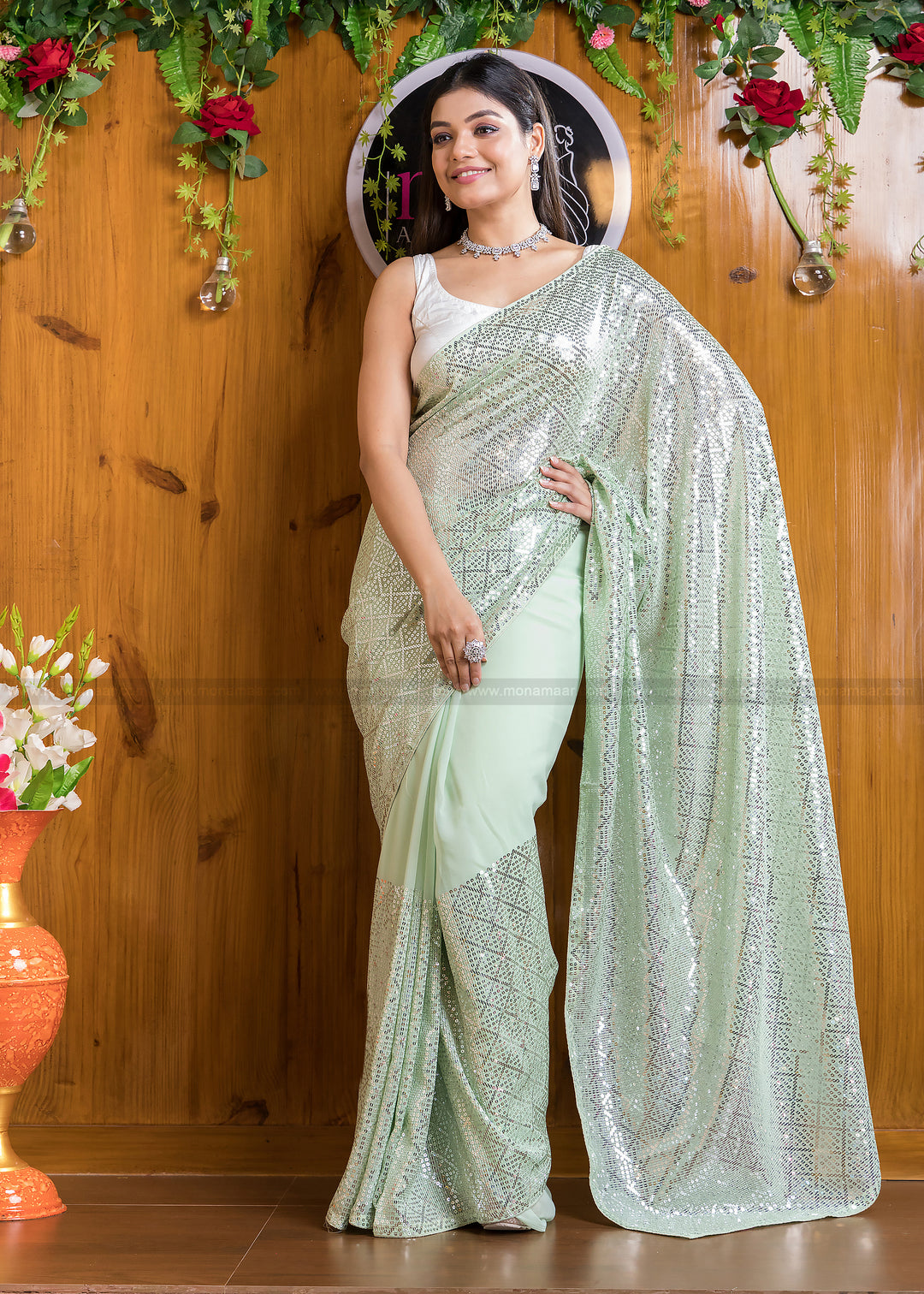 Pista Designer Sequins Saree