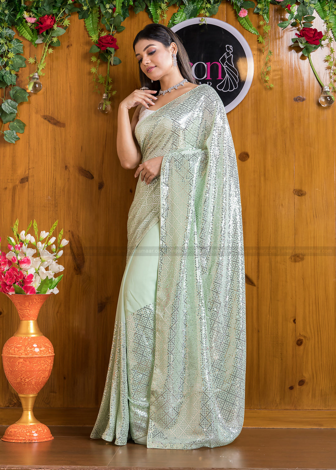 Pista Designer Sequins Saree