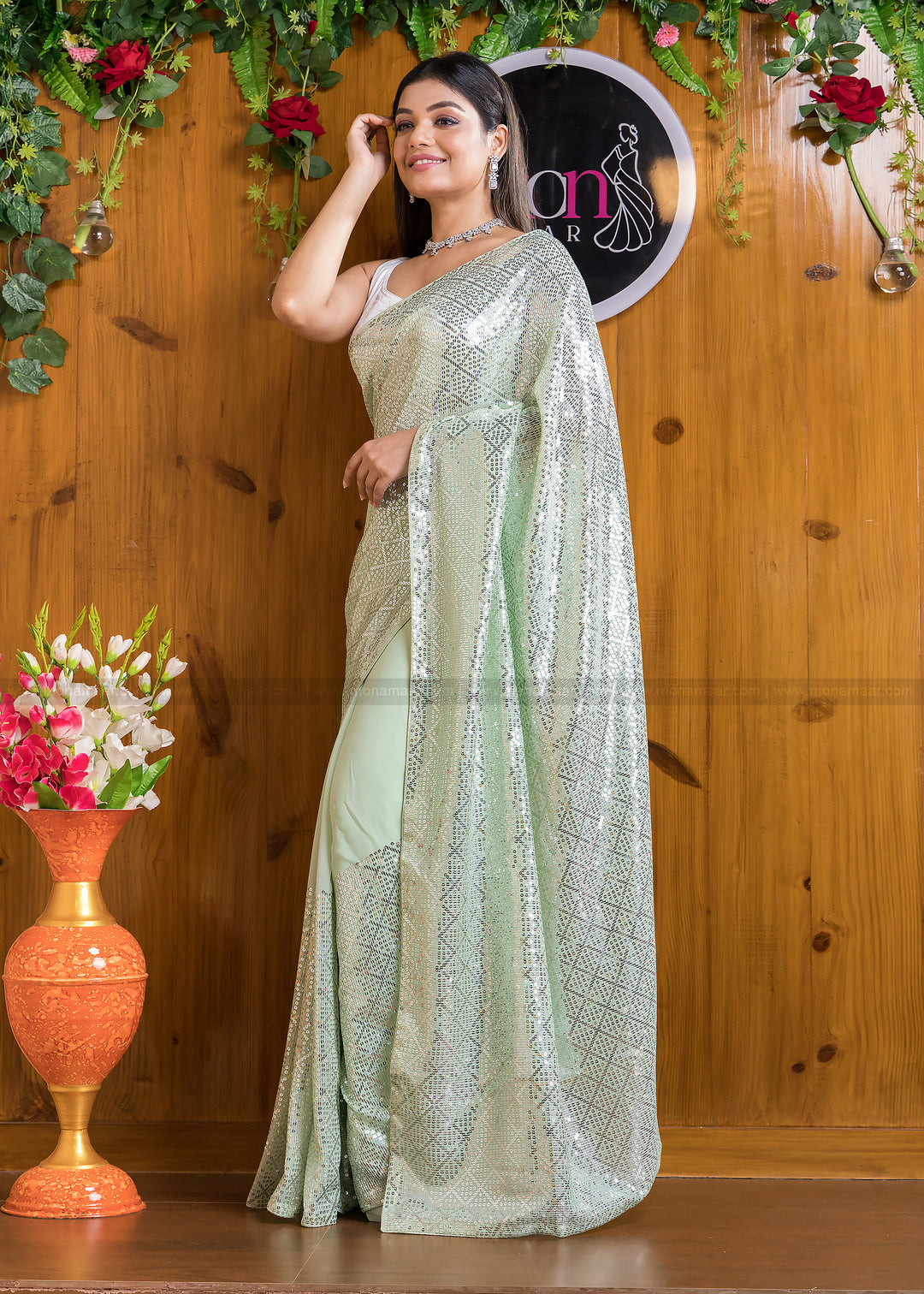 Pista Designer Sequins Saree