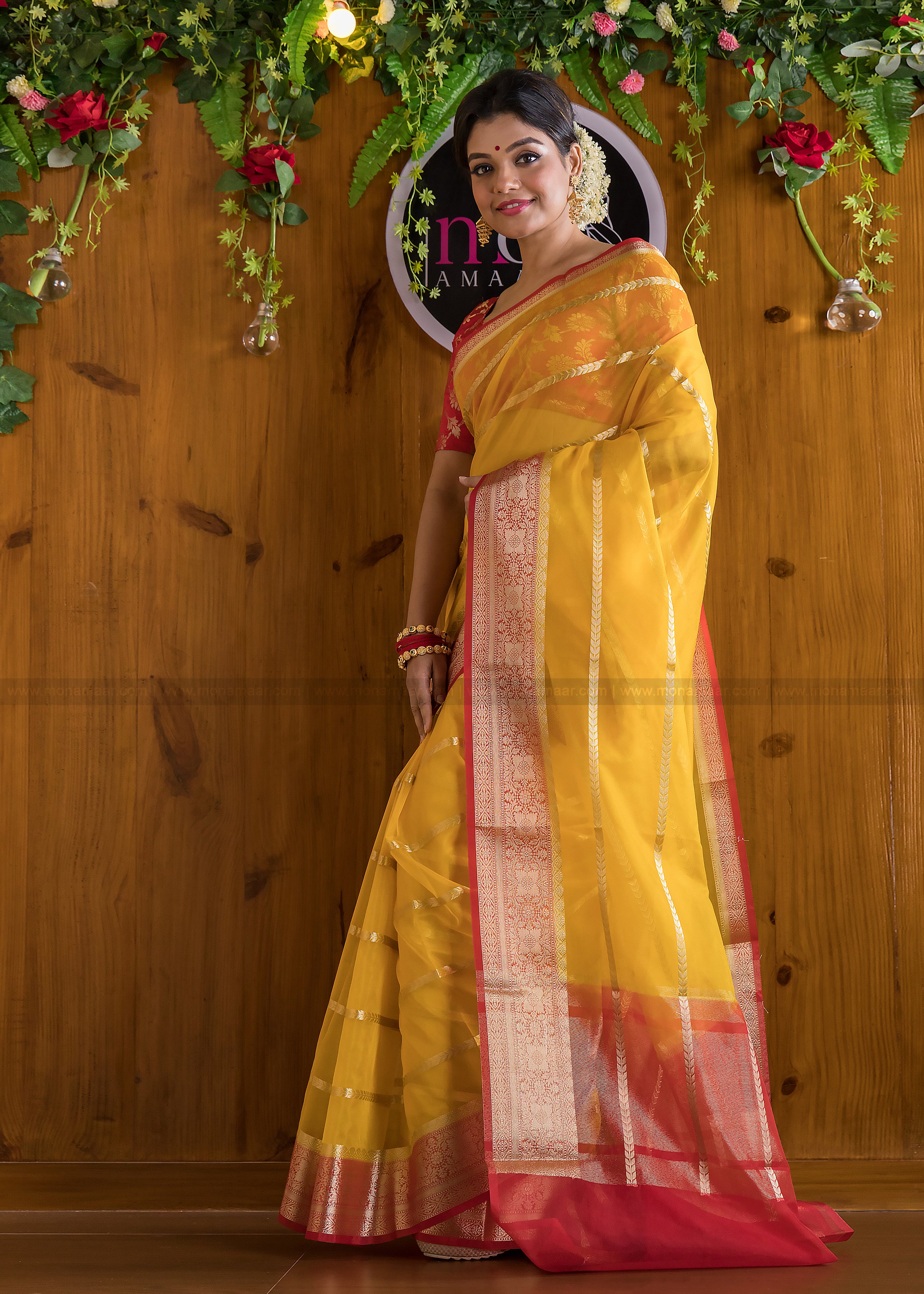 Suncrest Yellow Banarasi Organza Saree – Monamaar