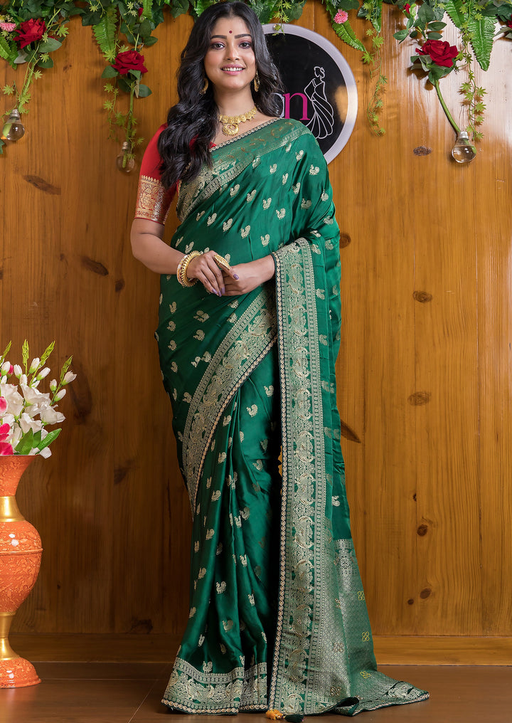 Emerald Elegance Satin Silk Banarasi Saree