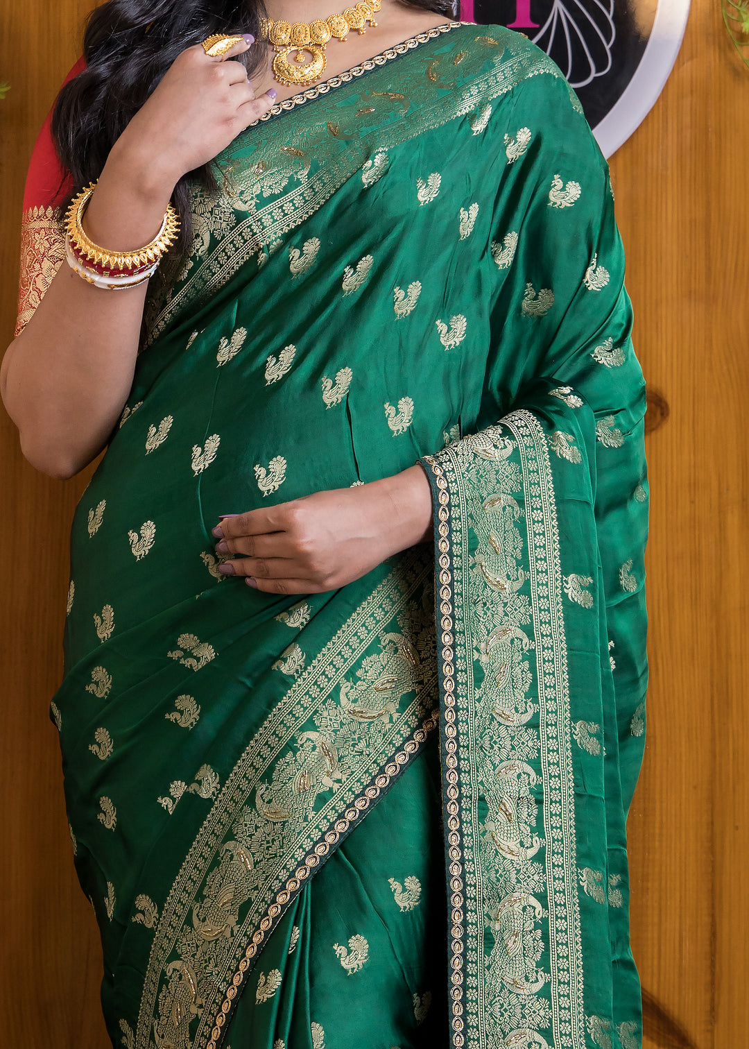 Emerald Elegance Satin Silk Banarasi Saree