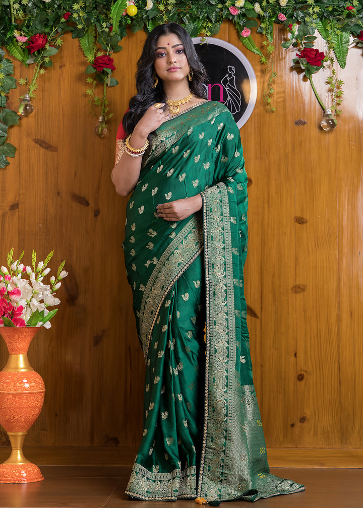 Emerald Elegance Satin Silk Banarasi Saree