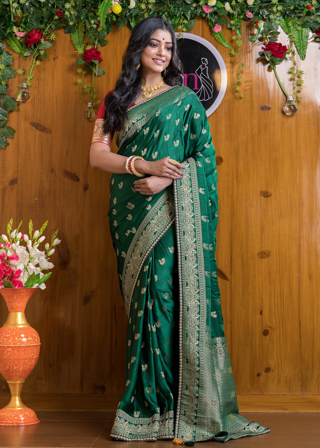 Emerald Elegance Satin Silk Banarasi Saree