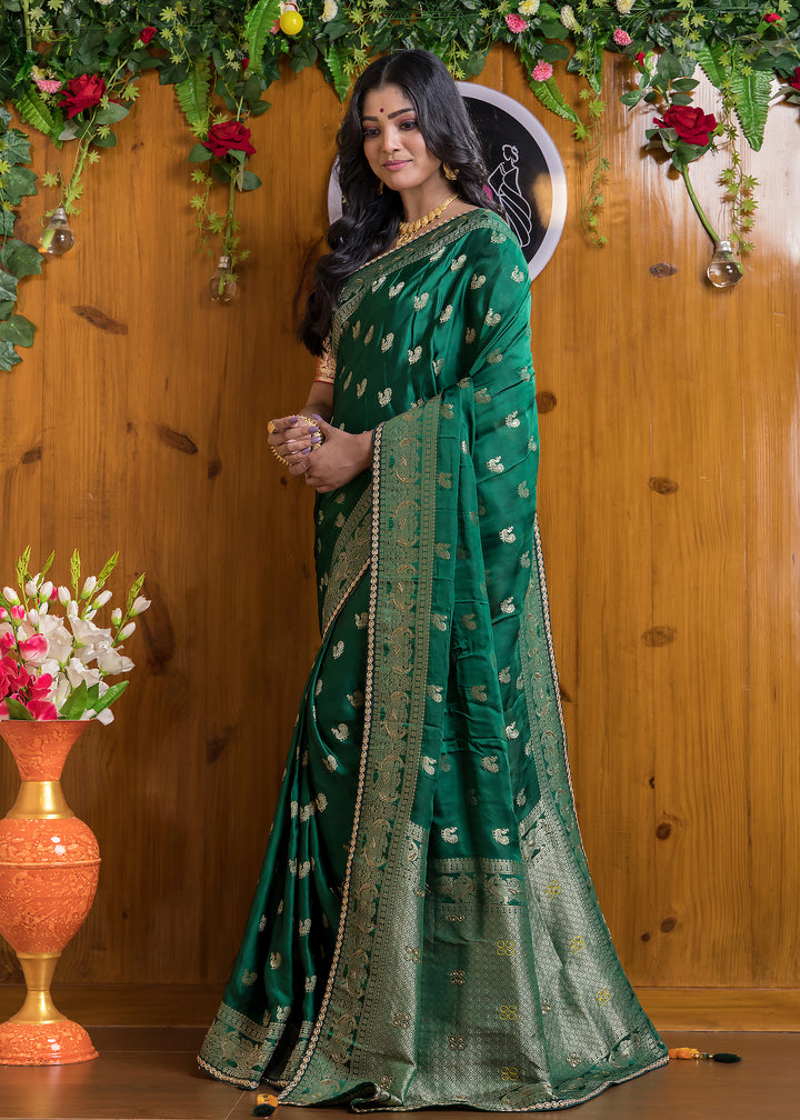 Emerald Elegance Satin Silk Banarasi Saree