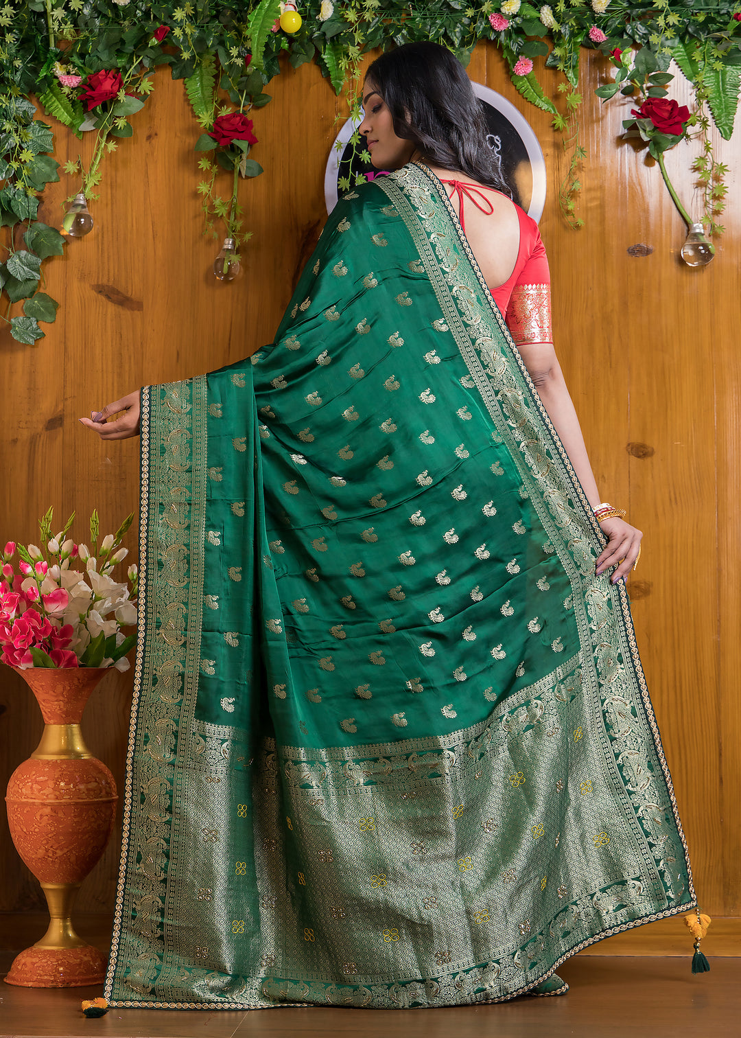 Emerald Elegance Satin Silk Banarasi Saree