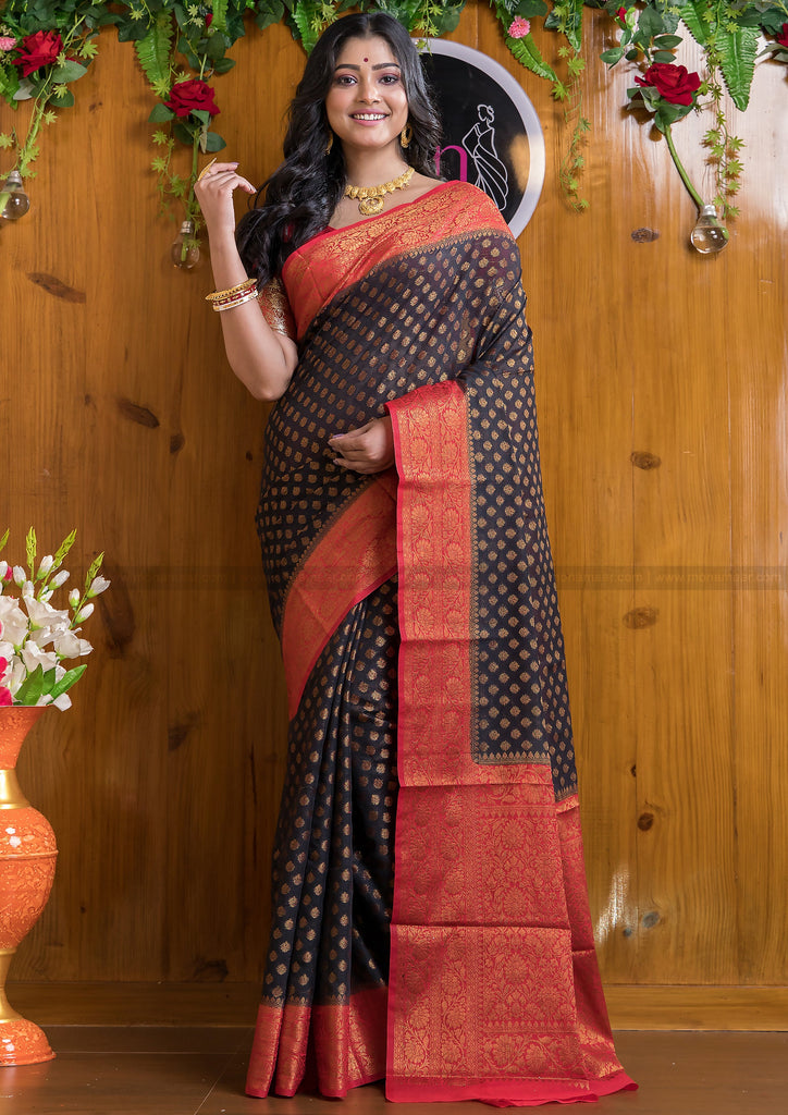 Skirt Border Khaddi Georgette Banarasi Saree in Red, Green and Black –  Bengal Looms India