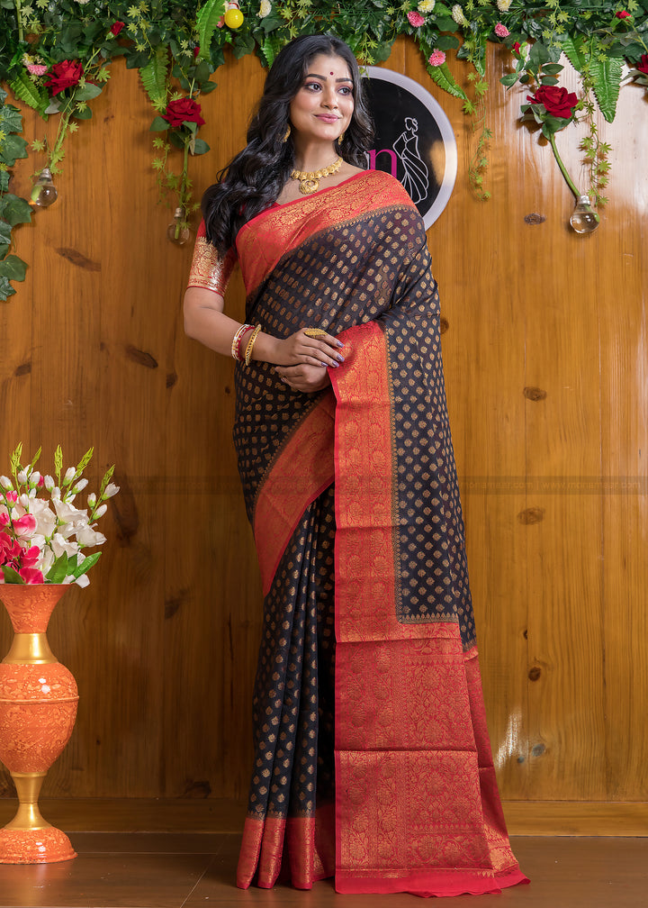 Charismatic Black Red Semi Georgette Banarasi Saree