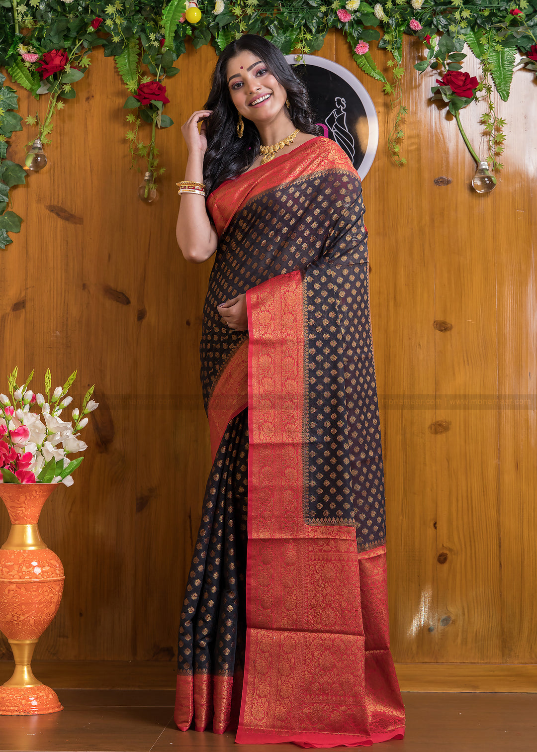 Charismatic Black Red Semi Georgette Banarasi Saree