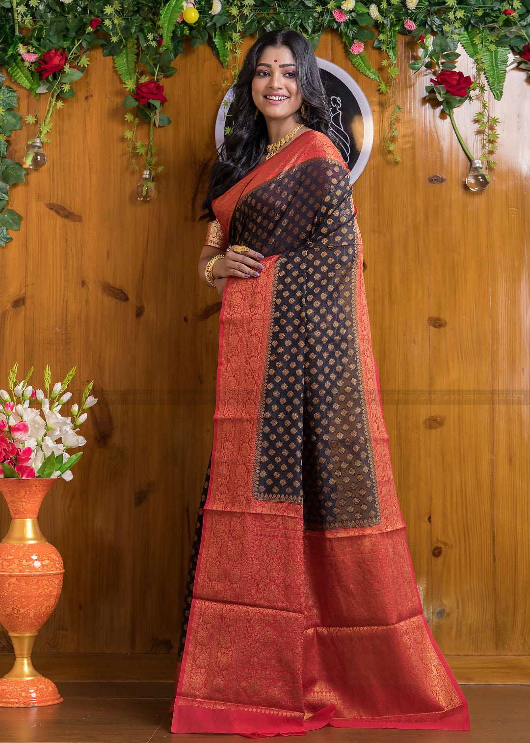 Charismatic Black Red Semi Georgette Banarasi Saree