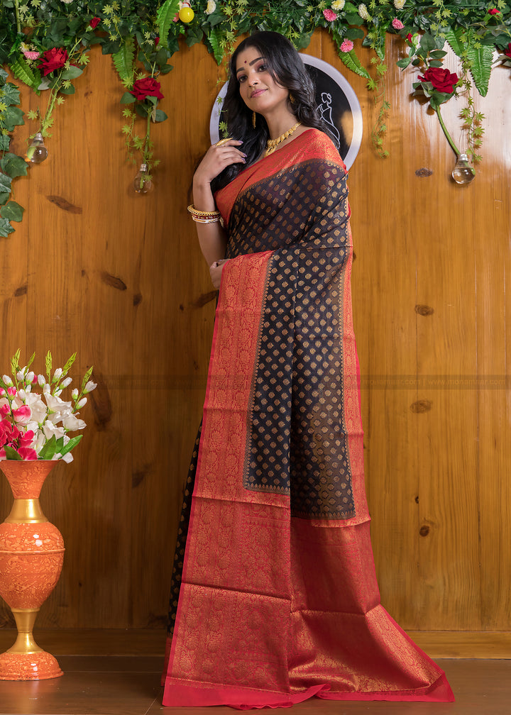 Charismatic Black Red Semi Georgette Banarasi Saree