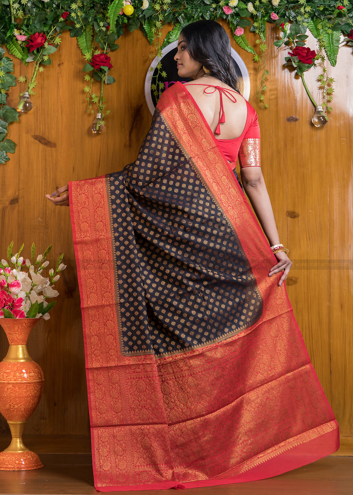 Charismatic Black Red Semi Georgette Banarasi Saree