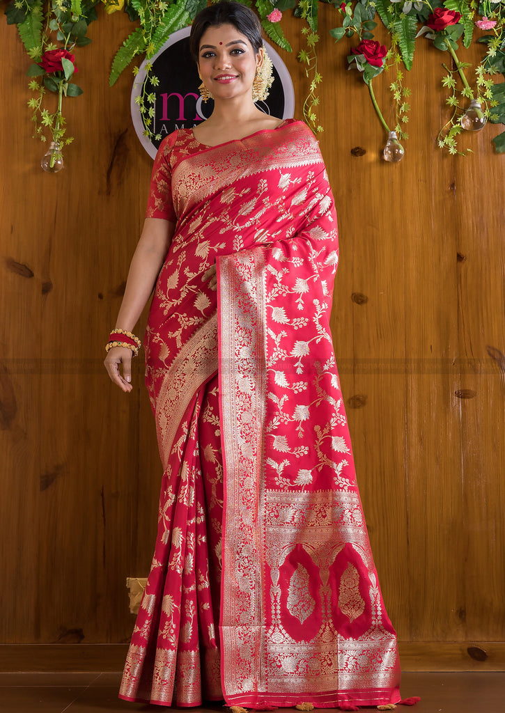 Red Tanchoi Silk Handloom Banarasi Saree - Sacred Weaves