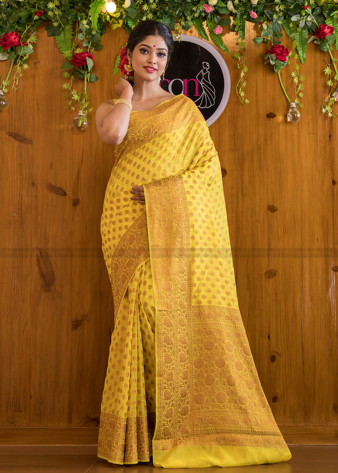 Precious and Mine Lemon Semi Khaddi Georgette Banarasi Saree