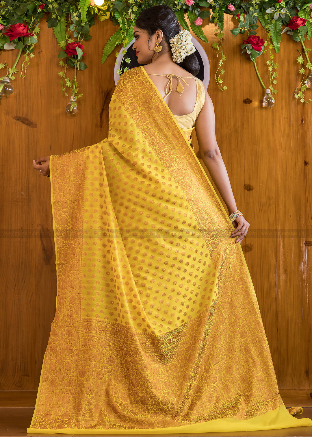 Precious and Mine Lemon Semi Khaddi Georgette Banarasi Saree