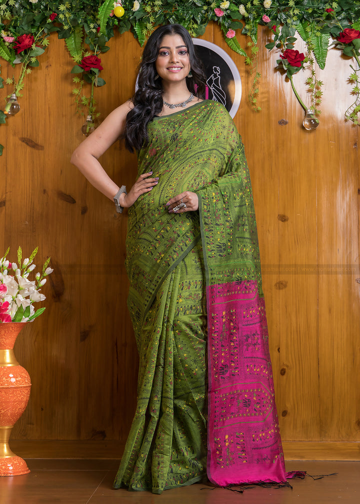 Delicate Touch Of Madhubani Cotton Silk Saree