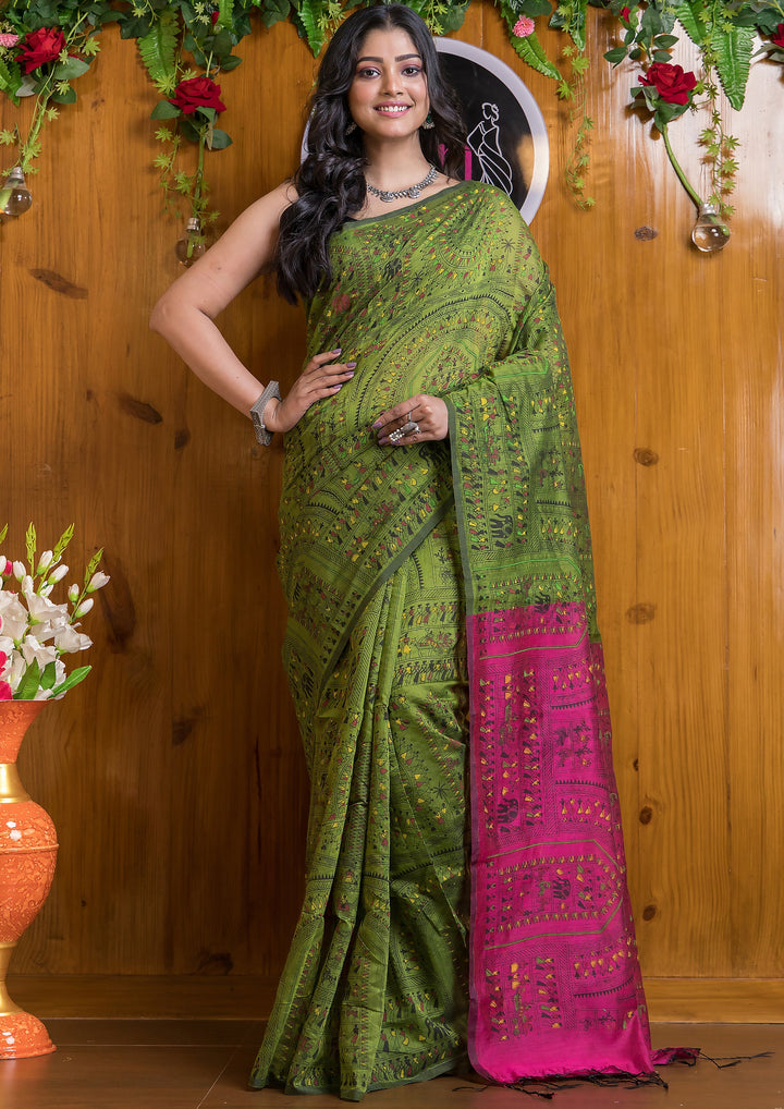 Delicate Touch Of Madhubani Cotton Silk Saree