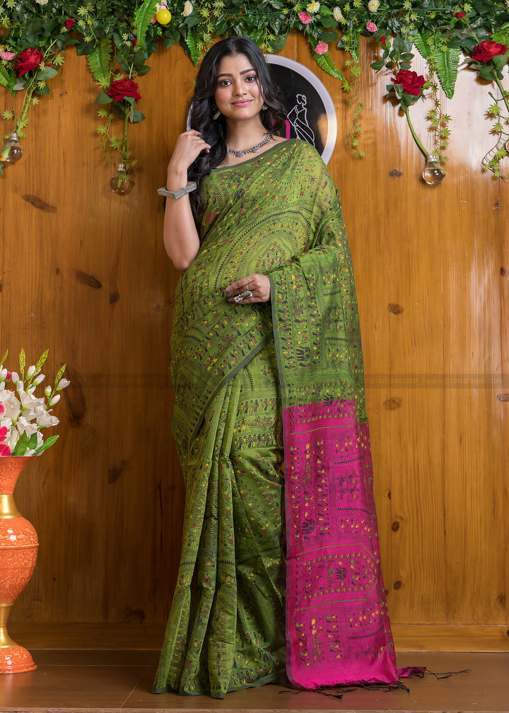 Delicate Touch Of Madhubani Cotton Silk Saree