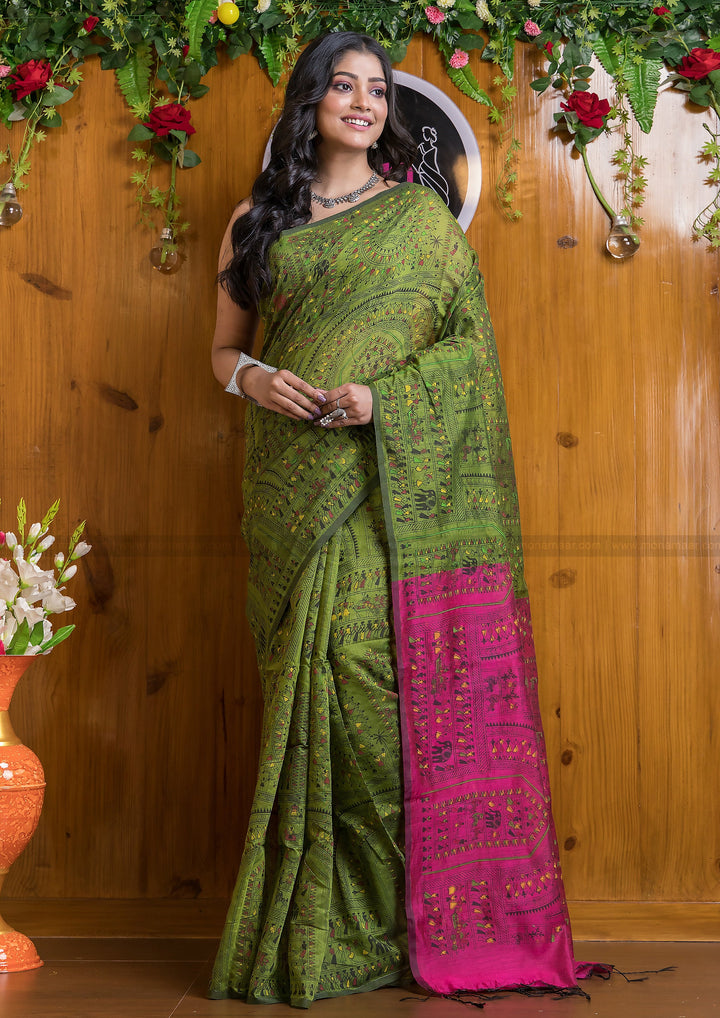 Delicate Touch Of Madhubani Cotton Silk Saree