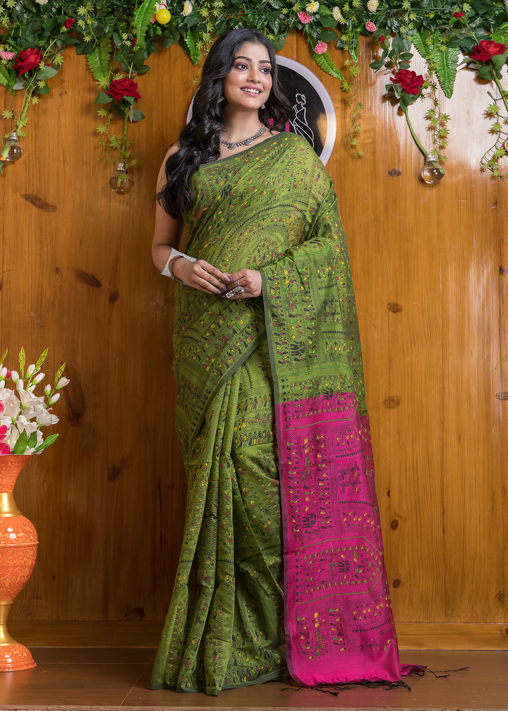 Delicate Touch Of Madhubani Cotton Silk Saree