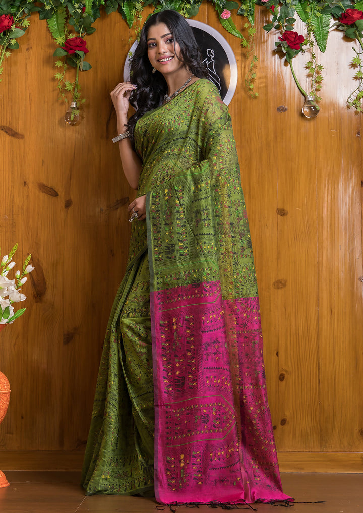 Delicate Touch Of Madhubani Cotton Silk Saree