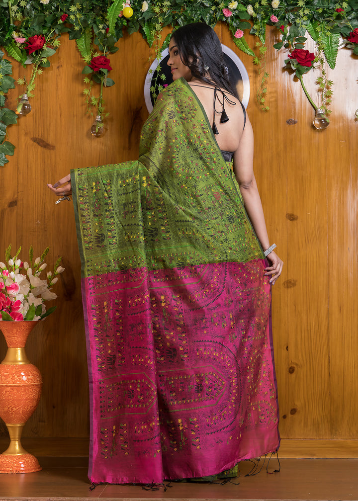 Delicate Touch Of Madhubani Cotton Silk Saree