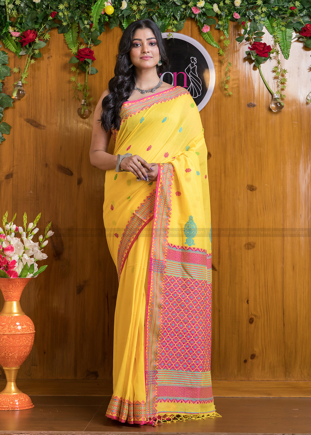 Blazing Yellow  Mercerized Cotton Jamdani Saree