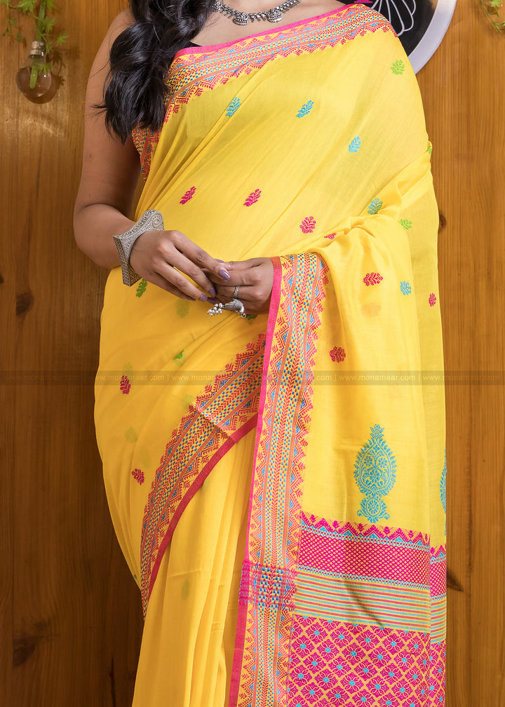 Blazing Yellow  Mercerized Cotton Jamdani Saree