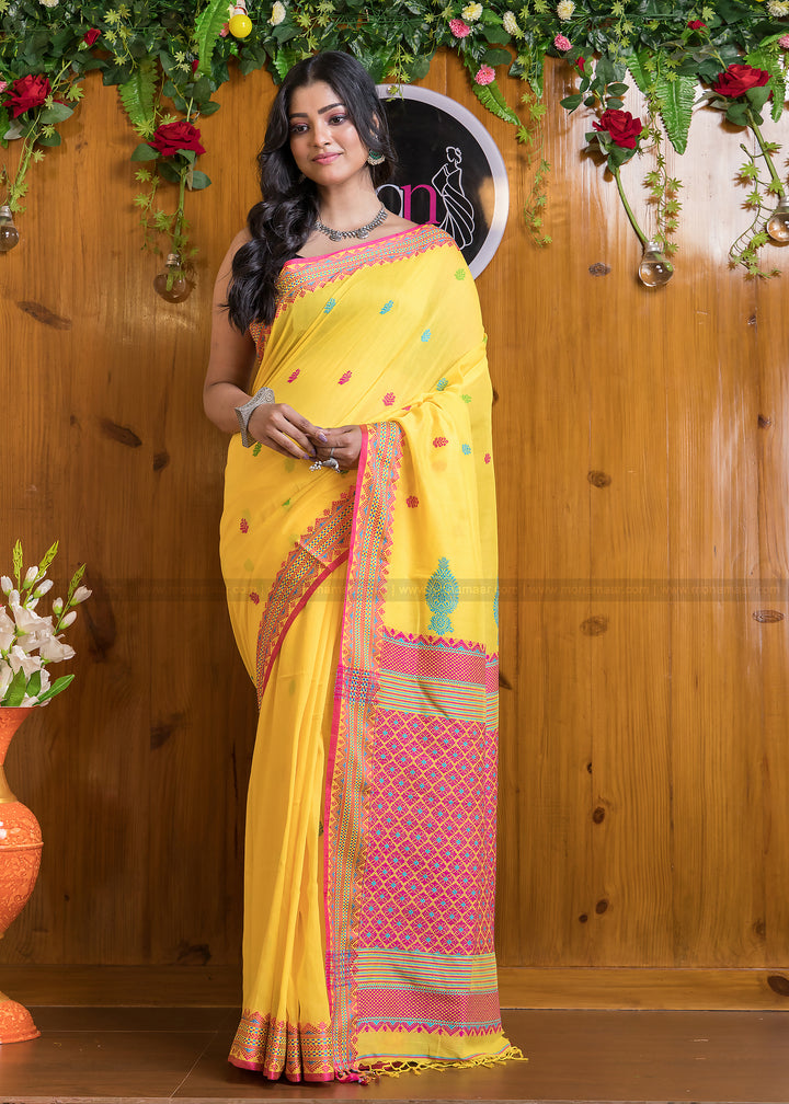 Blazing Yellow  Mercerized Cotton Jamdani Saree