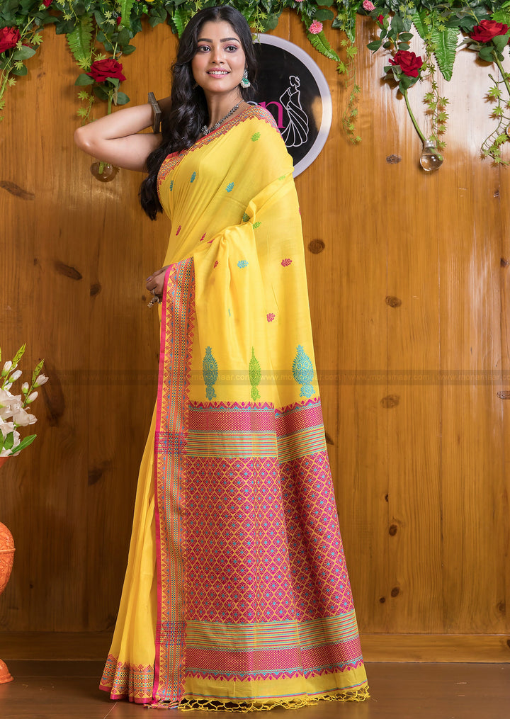 Blazing Yellow  Mercerized Cotton Jamdani Saree