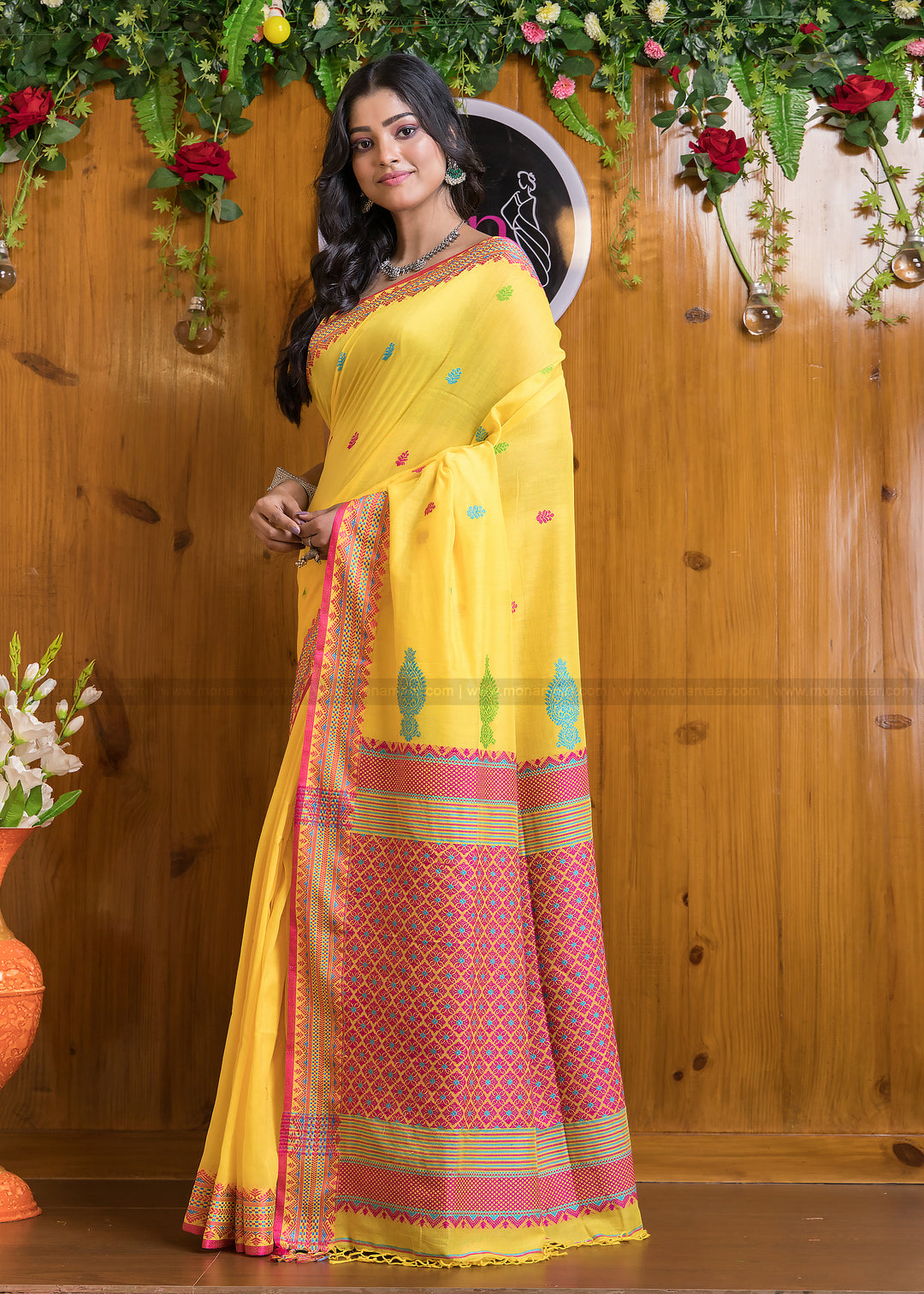 Blazing Yellow  Mercerized Cotton Jamdani Saree