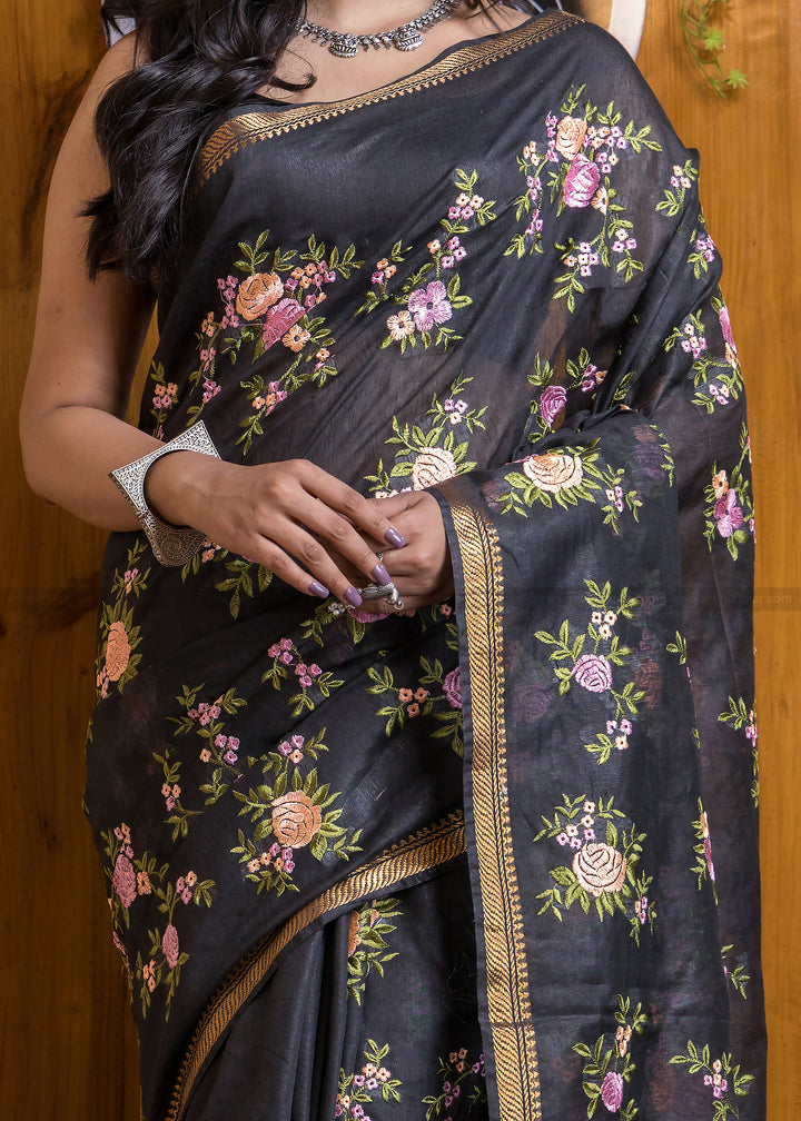 Black Resham Handwoven Silk Linen Saree