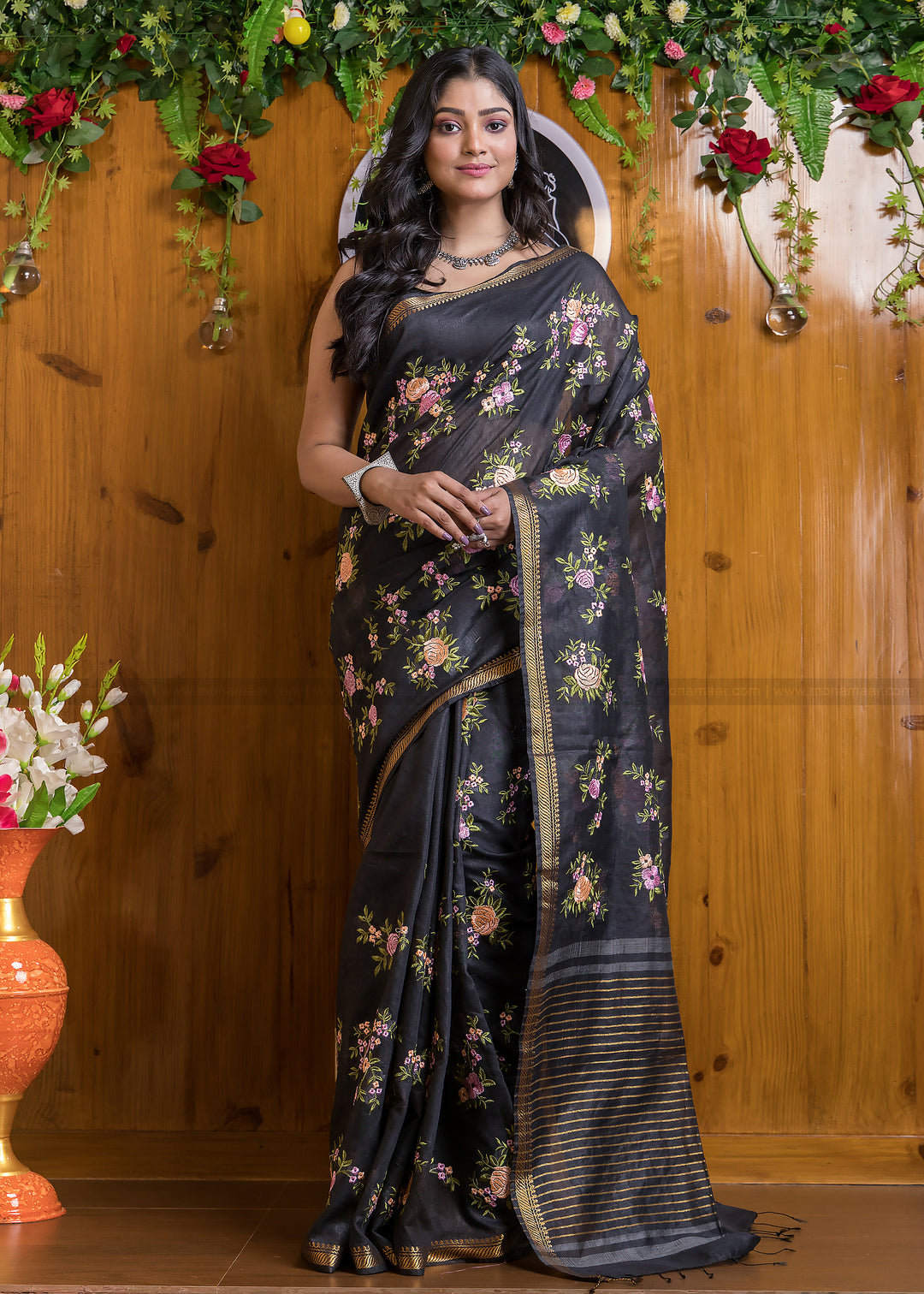 Black Resham Handwoven Silk Linen Saree