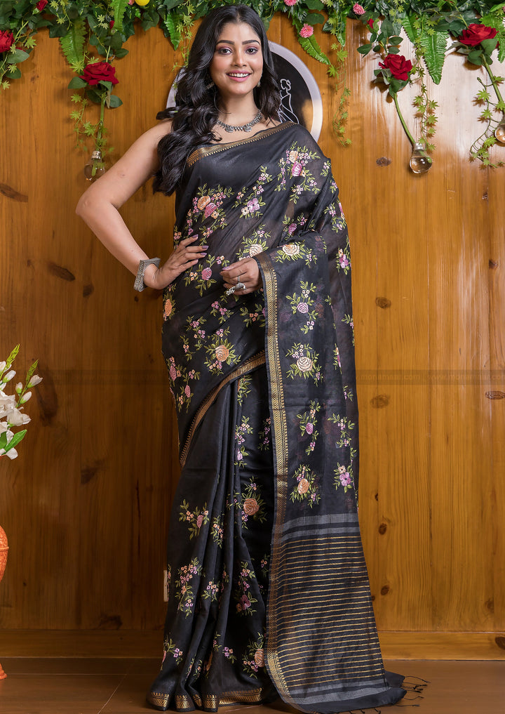 Black Resham Handwoven Silk Linen Saree